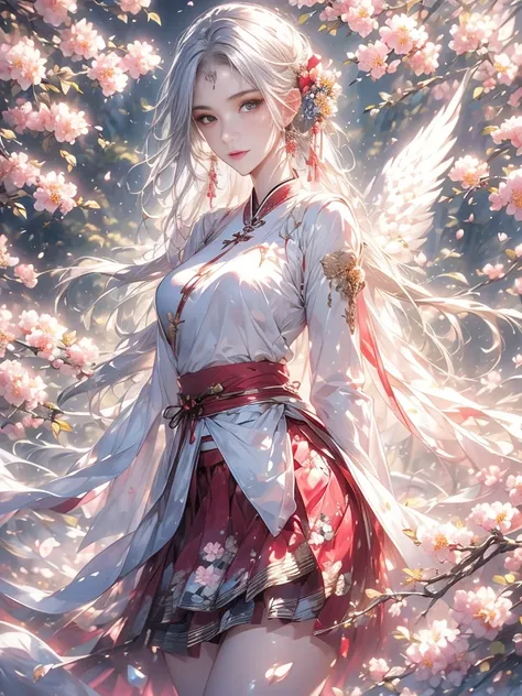 Chinese painting,Ethereal beauty,Ink wash painting,Ink splashes,Gongbi,Delicate brushwork,Zen simplicity, high quality, masterpiece, ultra-high resolution, incredible composition, extremely detailed, crazy details, a girl, angel wings, beautiful face, perf...