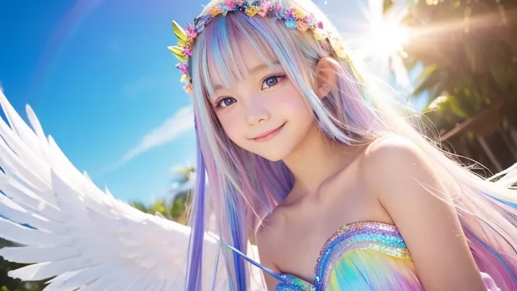 1angel,Girl,2 people,10 years old,Smile,smile,A shy smile,Magic wand,noon,summer,Tropical,Light of the sun,Light background,Sky,blue sky,cute,Princess Dress,clear,Fluffy Feathers,Soft Wings,Sparkling glitter feathers,happiness,Thick Coating,Angel Wings,Fai...