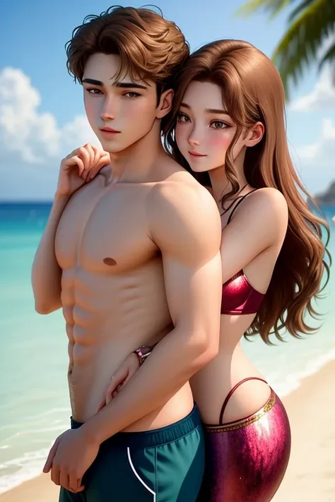 Man and woman, staring intently to eyes. No one look at front. Man Hugging woman from back and kissing, Lovers. Hand on the waist. Hand on the neck. The girl is a beautiful mermaid on the sea with golden tails. 
20-year-old boy and 18-year-old girl. Detail...