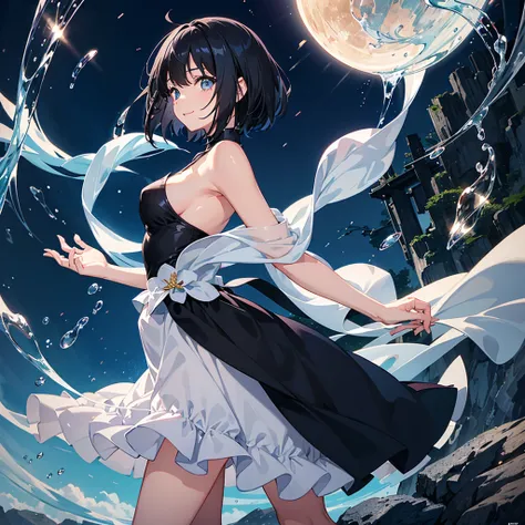 anime、beautiful girl、10 talents、Black Hair、A face that retains its youthfulness、short hair、Her hair is cut short, just short of her shoulders、Bright eyes、Sparkling eyes、A cheerful smile、Gazing into the distance、profile、dancing、Clothes：Bright dress、Clear wa...