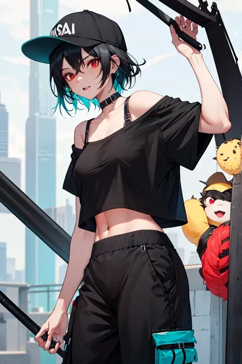 Black baseball cap, Black XL-size belly button tee, Woman wearing black cargo pants(Turquoise short hair, red eyes)