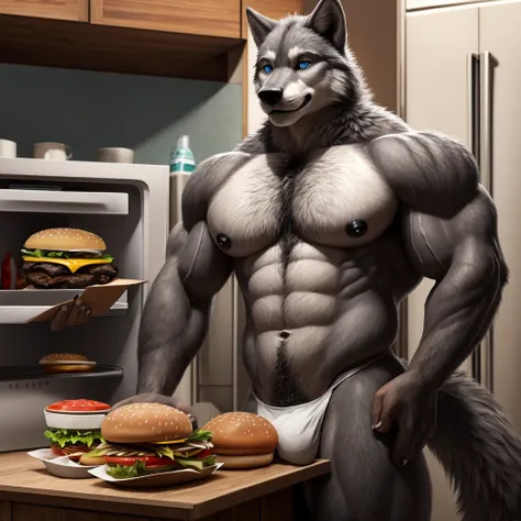 anthro wolf, male, muscles, grey fur, tail, in the kitchen, open the fridge and eat all burgers, buffed body, sexy, beefy body, furred body, furry chest hair, realistic, full body, photorealistic, ultra realistic, 8k, bare-chested, black nipples, blue eyes...