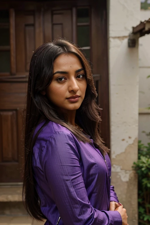 there is an Indian actress Sonakshi Sinha that is standing in front of a purple building, frontal picture, around 1 9 years old, clean shaven face, 4 0 years old man, front profile!!!!, 2 7 years old, portait image, head and shoulders view, 2 4 years old, ...