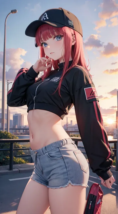 Nino Nakano ,manos detalladas,dedos detallados,pose sexy,ropa deportiva con gorra,parque atardecer