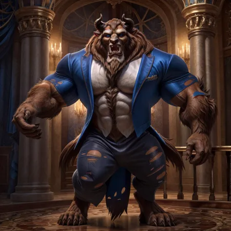 a photorealistic image of the beast from the movie beauty and the beast, super muscular giant, with muscular arms, broad shoulde...