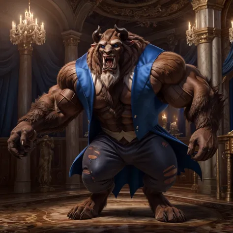 a photorealistic image of the beast from the movie beauty and the beast, super muscular giant, with muscular arms, broad shoulde...