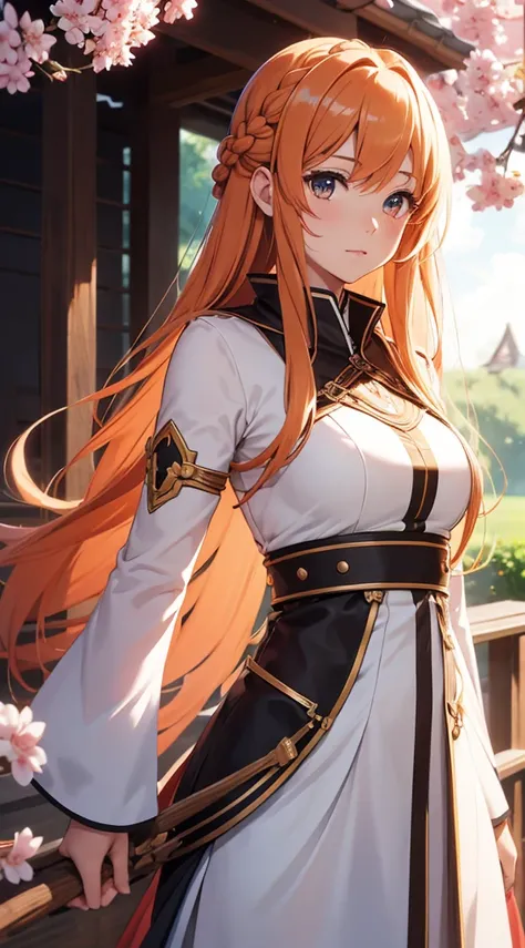 asuna, ((masterpiece)), highres, asuna (sao), crown braid, light orange hair, armor, cherry blossoms, dutch angle