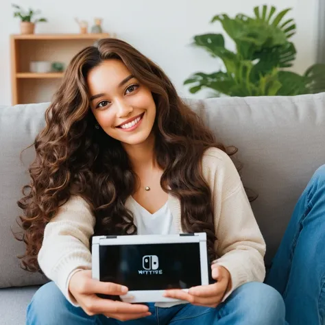 smiling woman with long curly brown hair, brown eyes, potret in a living room, holding a nintendo switch,  with both hands, 25 years old, laying flat on a couch, 