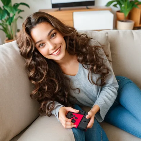 smiling woman with long curly brown hair, brown eyes, potret in a living room, holding a nintendo switch,  with both hands, 25 years old, laying flat on a couch, 