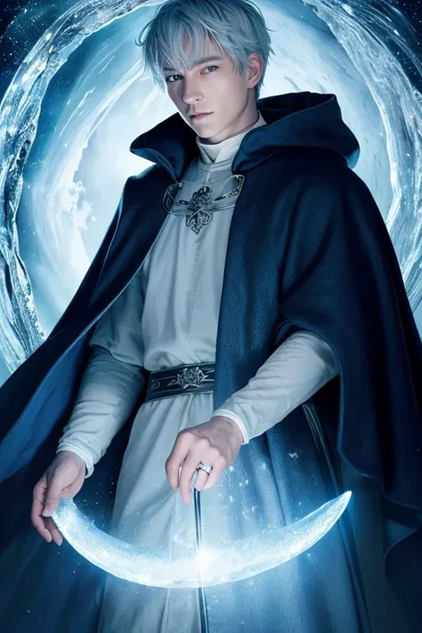 (highest quality, masterpiece:1.2), Dressed in a medieval blue shirt and cloak、Oil painting of a pale man with short light blue hair. The beautiful boy is surrounded by a ring of ice. Blue and silver lighting. d&d Character portrait, Saint of Frost and Moo...