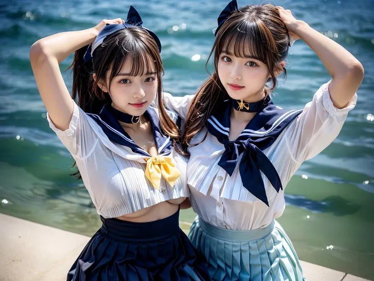 (((very heavy chest))),NSFW, 16k raw photos, highest quality, masterpiece, ultra high resolution, ((She is wearing Beautiful exposed redShe is wearing (a high school sailor uniform).
(navy sailor collar:1.4),(white shirt:1.4),(navy pleats skirt:1.4),(navy ...