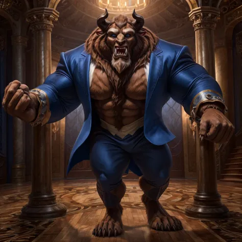 a photorealistic image of the beast from the movie beauty and the beast, super muscular giant, with muscular arms, broad shoulde...