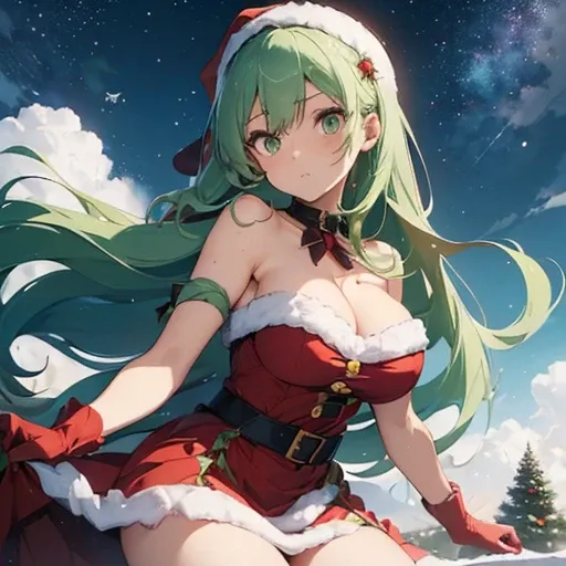 (Girl), (anime), (young), (pretty), (hot), (white), (height 1.72 cm), (long green hair and green eyes), (21 years old), (super body mature),(with gigantic breasts with a bust size of 350cm),(big ass),(wearing),+,(wearing a short, red dress, with a furry te...