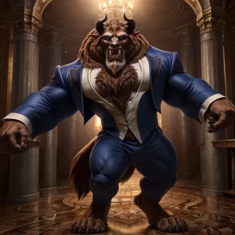 A photorealistic image of the Beast from the movie Beauty and the Beast, super muscular giant, with muscular arms, broad shoulders, giant and toned physique, bursting muscular veins, blue eyes, tail, super furry brown fur, horns facing backwards, roaring, ...