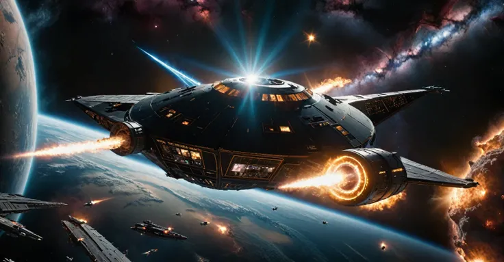 A photorealistic lonG rage Photography THE a spaceship with many windows, similar to Starfury from the television series Babylon 5. flying through multi-colored nebulae towards the accretion disk of a black hole. Coming out of subspace, a ship from Star a ...