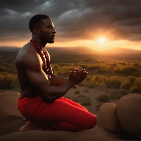 high quality, 8k, photorealistic, hyper detailed, masterpiece, intricate, ultra detailed, realistic, stunning, dramatic, beautiful black man kneeling facing the camera, in prayer, hands together, shirtless, wearing red pants, thin red bead necklace, dark s...