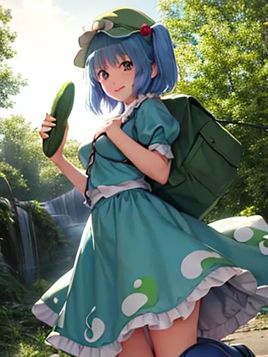 highest quality、masterpiece、touhou project、 nitori kawashiro、Blue work clothes、boots、whole body、smile、Riverside、Having cucumbers