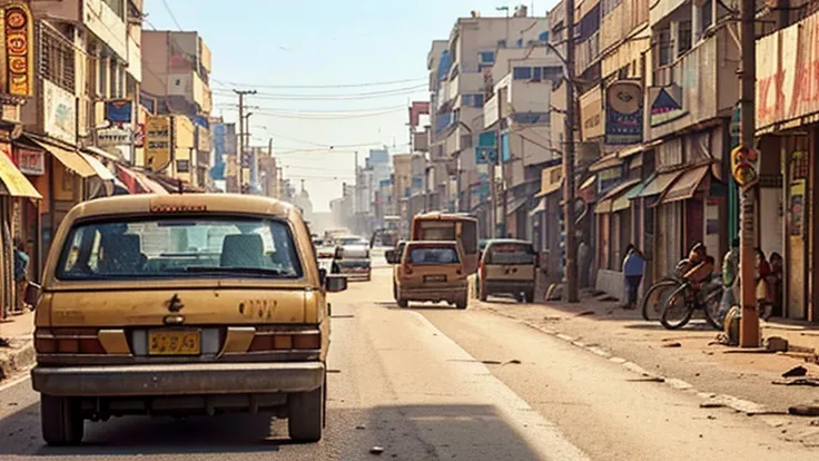 a crowded indian city street, dusty road, heavy traffic, dirty buildings, people and vehicles, view from bike backseat, (best qu...