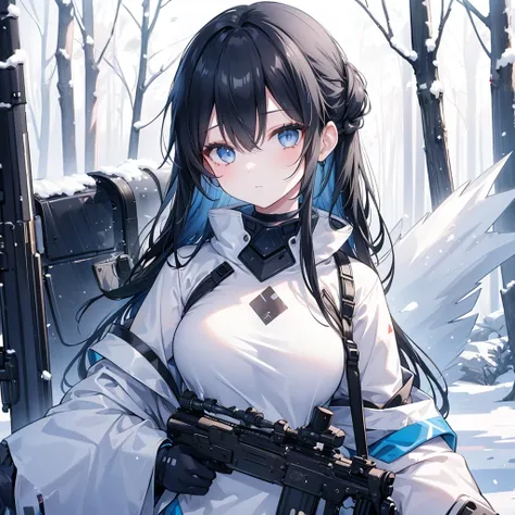 1girl, long black hair, blue eyes, wearing a arctic camo combat suit, winter forest, snowing, white trees, holding a sniper rifl...