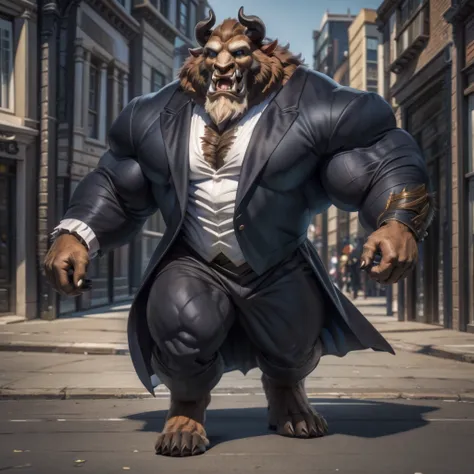 a photorealistic image of the beast from the movie beauty and the beast, super muscular giant, with muscular arms, broad shoulde...