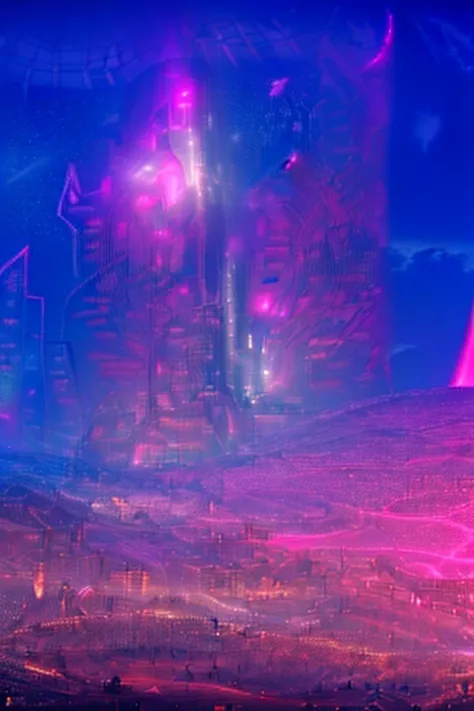 Masterpiece, 12k, uhd, photorealistic, a ultra beautiful suggestive landscape, with snow hills, snow land, futuristic metropolis in background, with skycrapers, night sky with stars, pink boreal aurora in the sky, light neon effects, cyberpunk dreaming atm...