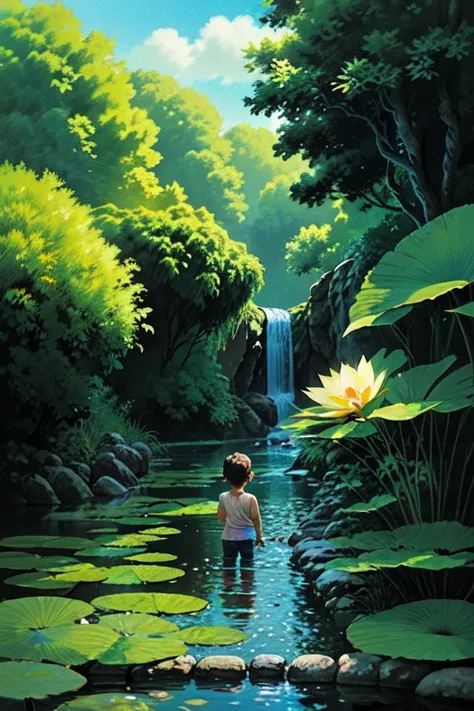 a little boy，wash your feet by the river，put your feet in the water，clear watesh swimming in the water，lots of fish，lotus leaf，l...