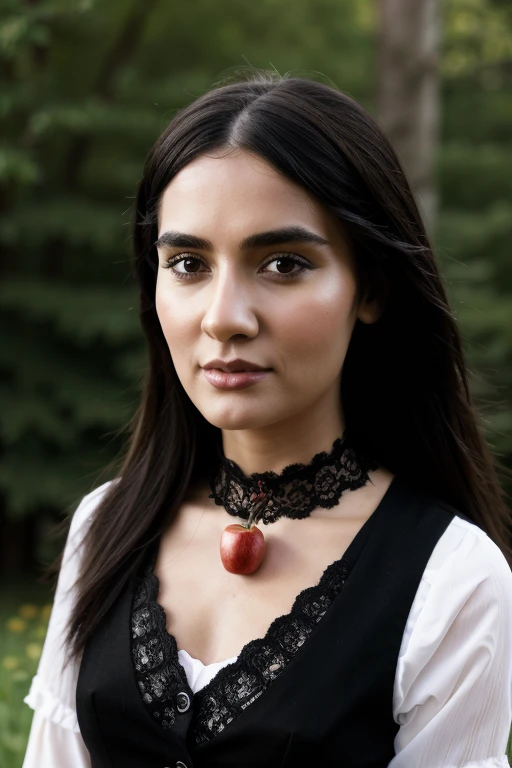 a woman with long flowing black hair, piercing eyes, a prominent unibrow, rosy cheeks, eating a juicy red apple, wearing a victo...