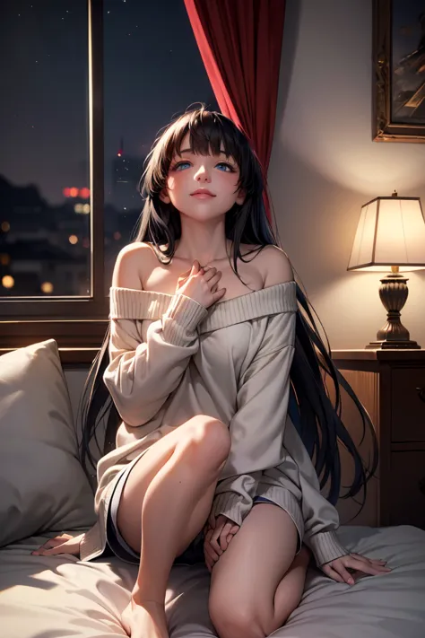 masterpiece, highest quality, High resolution, Super detailed, smile, Woman with long black hair and bangs, Bright Blue Eyes,Front view, ((Off-the-shoulder sweater)),((Light Red Sweater)),barefoot,(Hands touching chest),night, Warm indoors, Image illuminat...