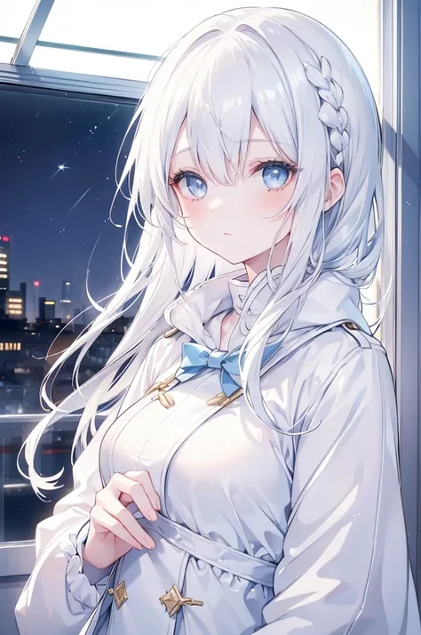 1girl,light blue eyes, white hair, wearing a cute white coat, light and feathery, looking out the window is the night sky,bright...