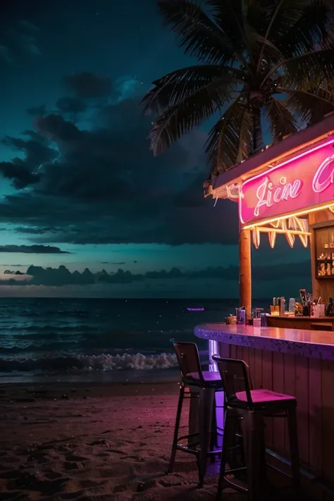 Neon, neon beach, pastel pink and dark cyan background, dark clouds, night bar, neon night bar, beach night bar seen from the exterior, palm trees, sand, beach, only one bar stand,  small bar stand, very small bar stand, sand and ocean visible, beach visib...