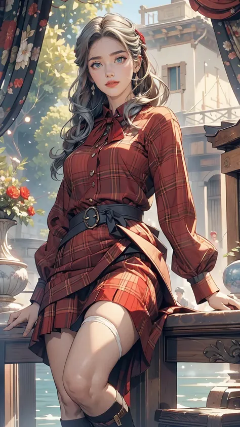 Claude Monet 、Dolceacqua Bridge、Wearing a red tartan mini skirt、Wearing a floral blouse、Silver Hair、blue eyes、Straight long hair_Hair reaching down to the waist、A shy smile