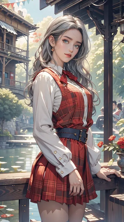 Claude Monet 、Dolceacqua Bridge、Wearing a red tartan mini skirt、Wearing a floral blouse、Silver Hair、blue eyes、Straight long hair_Hair reaching down to the waist、A shy smile