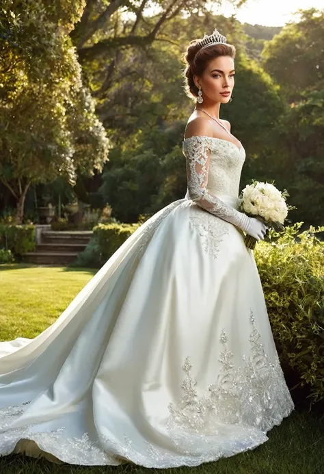 Frances OConnor Is a stunning model, and in this image, shes dressed in a breathtaking Victorian-style wedding gown. The white satin bridal gown has a full, princess-style skirt and a long train that flows behind her. The intricate bodice is adorned with l...