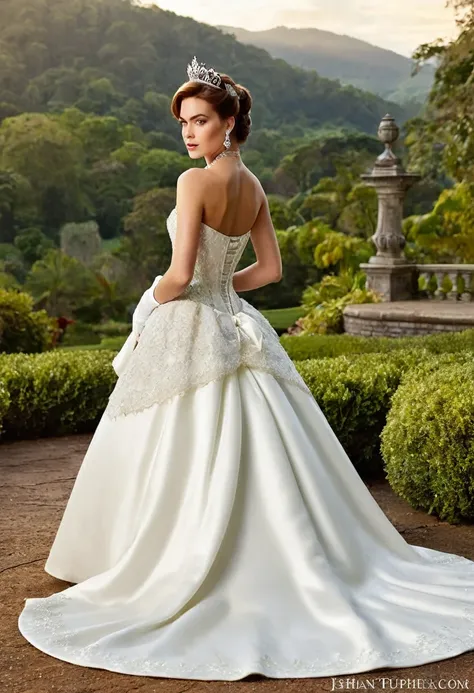 Frances OConnor Is a stunning model, and in this image, shes dressed in a breathtaking Victorian-style wedding gown. The white satin bridal gown has a full, princess-style skirt and a long train that flows behind her. The intricate bodice is adorned with l...