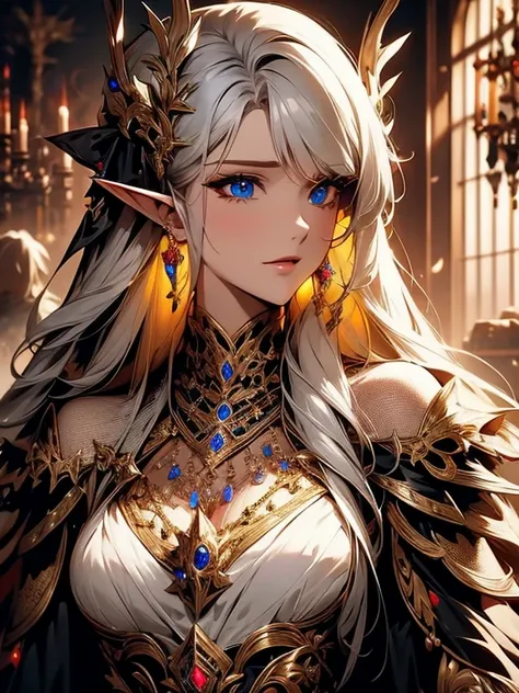 female adult elf with dark blonde hair wearing a beautiful glowing dress with demonic Accessoires and gemstones and black silver armor details