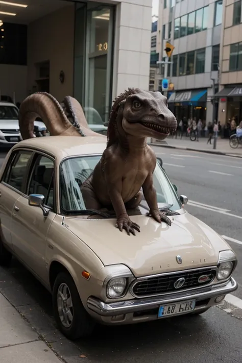 Dinosaur driving a car 
