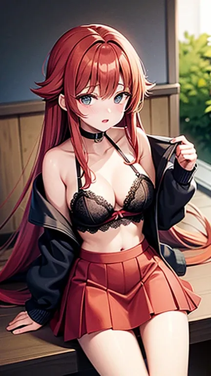 An anime girl with red hair and blue eyes wearing a skirt and an open shirt revealing a black and red bra