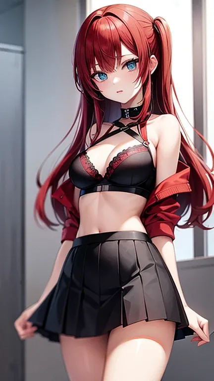 An anime girl with red hair and blue eyes wearing a skirt and an open shirt revealing a black and red bra