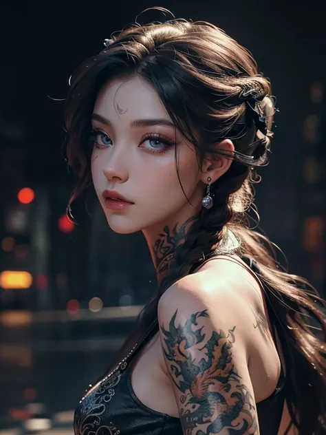 beautiful girl with dragon tattoo on body, detailed tattoo art, highly detailed face and skin, beautiful eyes, long eyelashes, f...