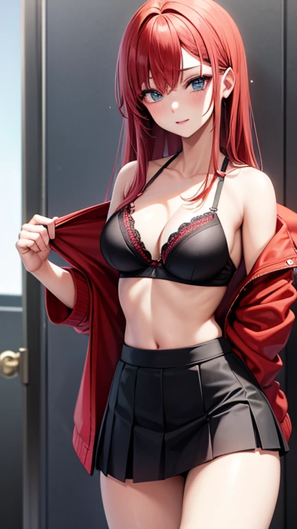 An anime girl with red hair and blue eyes wearing a skirt and an open shirt revealing a black and red bra