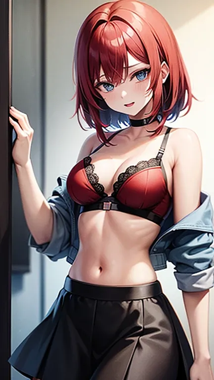 An anime girl with red hair and blue eyes wearing a skirt and an open shirt revealing a black and red bra