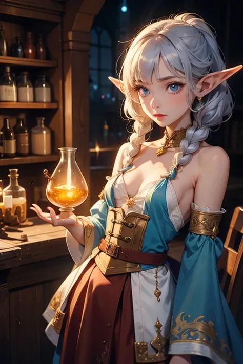 masterpiece, highest quality, Very detailed, 16k, Ultra-high resolution, Cowboy Shot, 1 Elf girl, Detailed face, Perfect Fingers, Elf Ears, Small breasts, blue eyes, Silver Hair, Braiding, No sleeve, Light clothing, (renaissance_alchemist_studio:1.0), (fla...