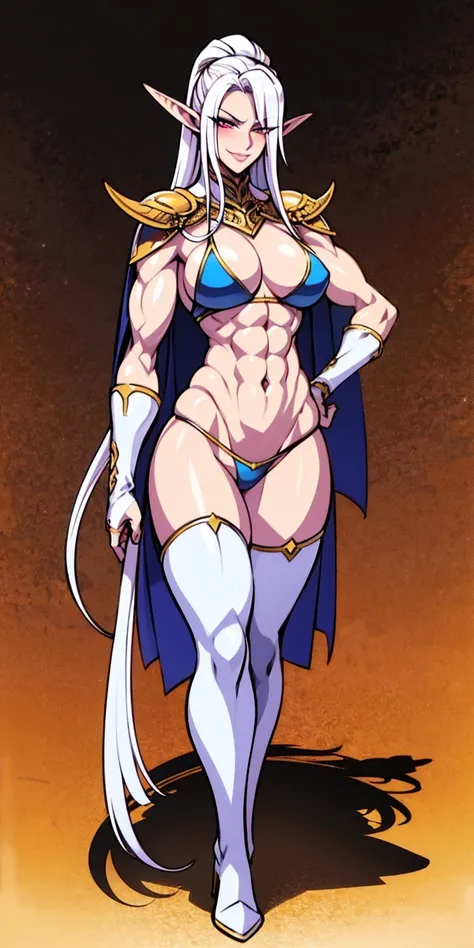 extremely long hair, ponytail, perfect anatomy 1 girl tall solo, slim thick, ((muscular)) high elf toned body, silver breast plate, blue cape, slendered abs, hourglass waist, detailed face, defined cheekbones, puffy lips, gauntlets, gold crown, shadow over...