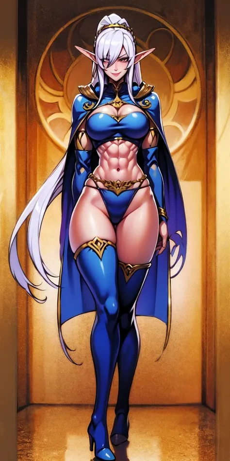 extremely long hair, ponytail, perfect anatomy 1 girl tall solo, slim thick, ((muscular)) high elf toned body, silver breast plate, blue cape, slendered abs, hourglass waist, detailed face, defined cheekbones, puffy lips, gauntlets, gold crown, shadow over...