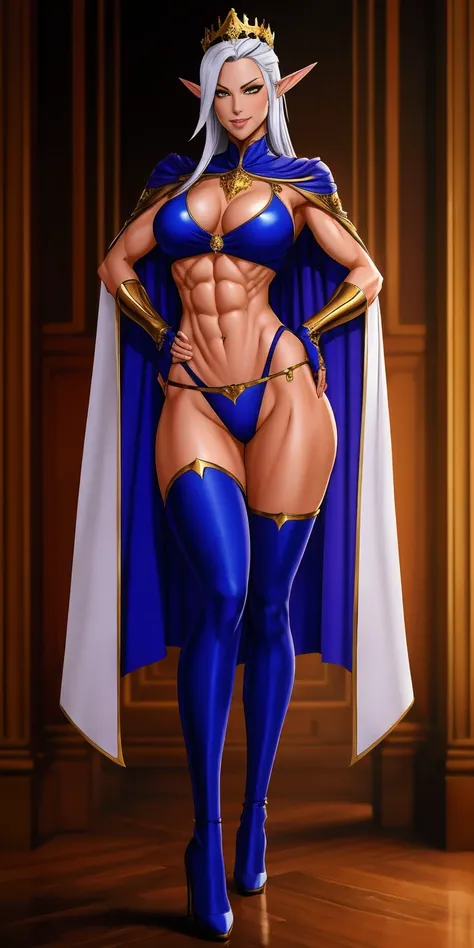 extremely long hair, ponytail, perfect anatomy 1 girl tall solo, slim thick, ((muscular)) high elf toned body, silver breast plate, blue cape, slendered abs, hourglass waist, detailed face, defined cheekbones, puffy lips, gauntlets, gold crown, shadow over...