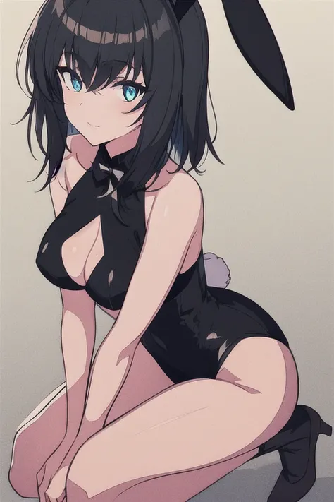 Shoulder lenght wolfcut black hair, blue eyes, bunny girl outfit, female, 