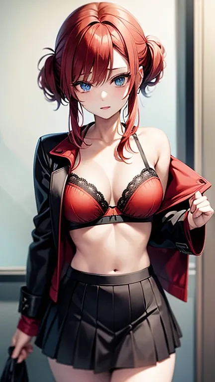 An anime girl with red hair and blue eyes wearing a skirt and an open shirt revealing a black and red bra