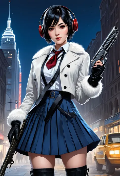 masterpiece, best quality, ultra-detailed, illustration,Headphone, Headphone gear, Solo girl, huge breast, Antique, Decorative gun, Red eyes, Short Black hair, White collared shirt, Pleats mini black skirt, Iining blue long fur black coat, Tie, Glove, Long...