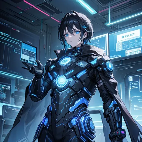 In a futuristic and high-tech laboratory, a 25 year old young guy with striking, glowing blue eyes and tousled dark hair stands confidently at the center. The individual is dressed in a black, futuristic outfit adorned with glowing blue accents, including ...