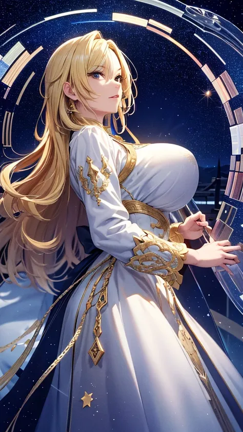 masterpiece, high quality, 4K, Beautiful design, silhouette，blonde， 非常に詳細な夜のStarry Sky,Glass Kingdom，Glass World，Glass Castle， wonderful, Finer details,  Very knowledgeable woman, Highly detailed solo, 1 female,Big Breasts， Pure white dress，Night view，Star...